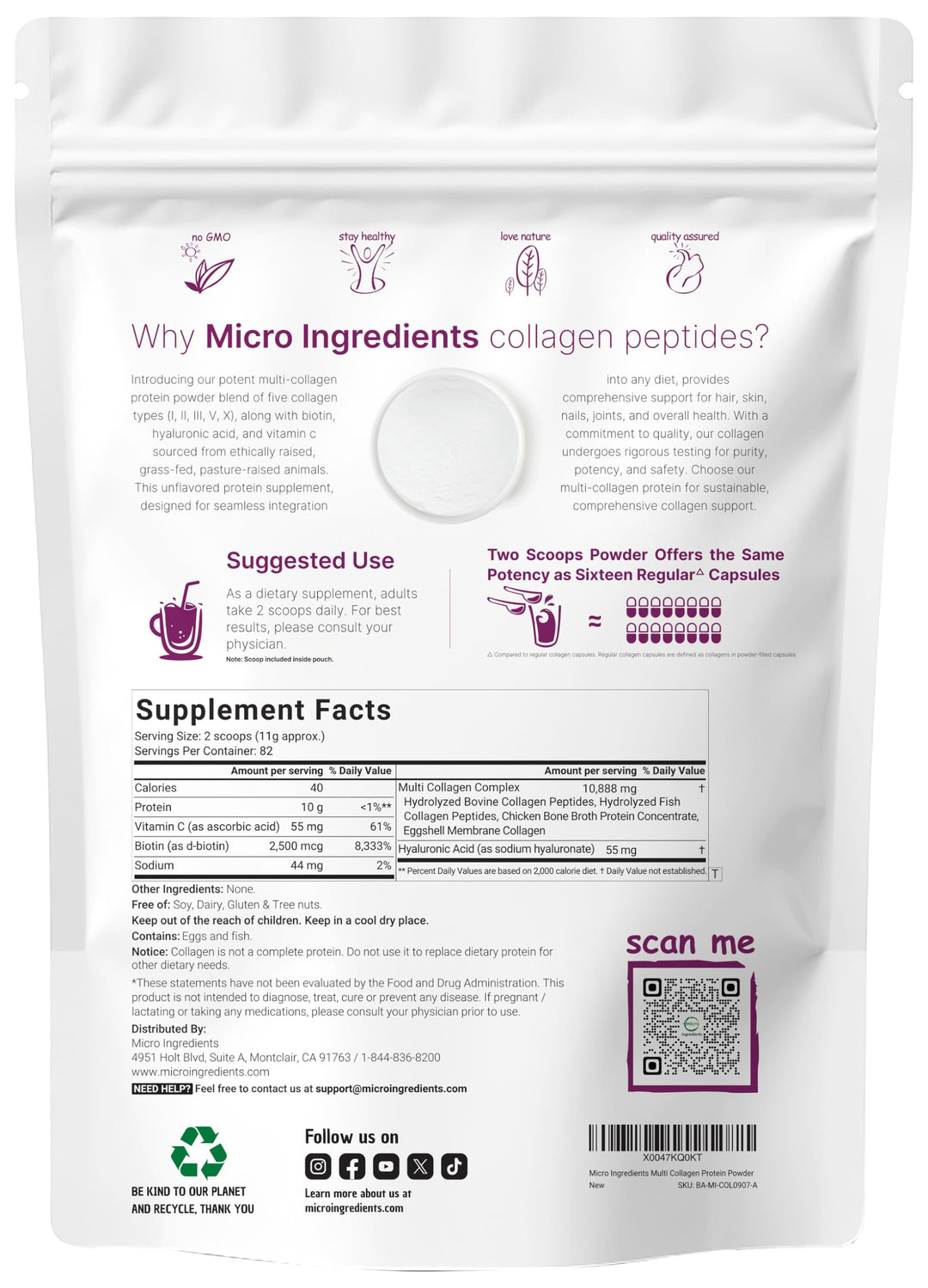 Micro Ingredients Multi Collagen Peptides Powder, 2 lb