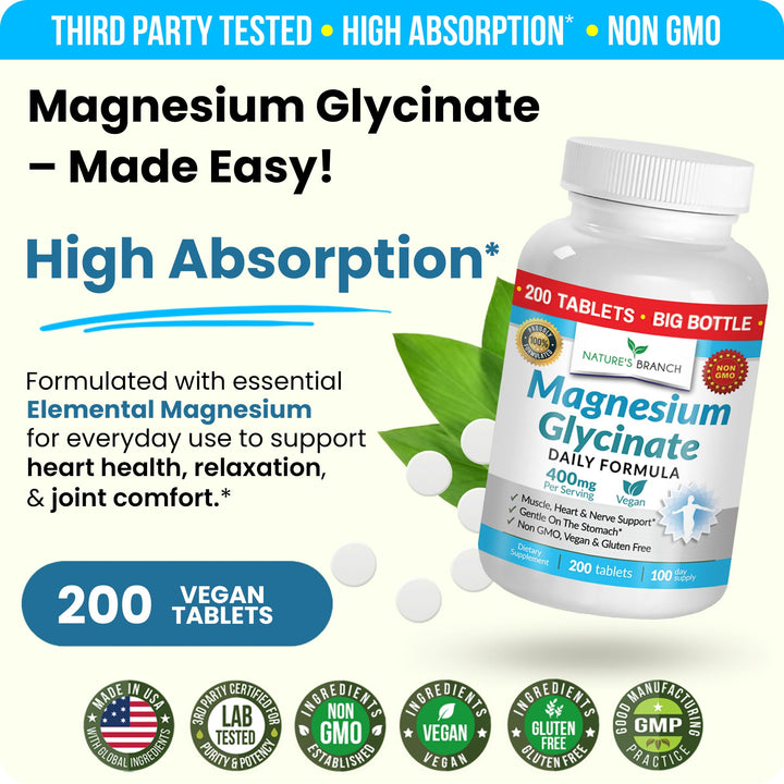 NATURE'S BRANCH Magnesium Glycinate 400 mg, 200 Count