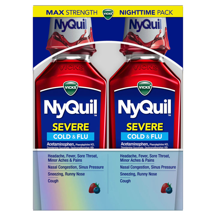Vicks NyQuil Severe Cold and Flu Medicine, Berry Flavor, 12 fl oz, Pack of 2