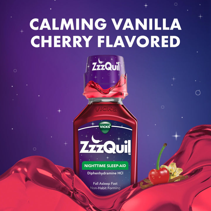 ZzzQuil Nighttime Sleep Aid Liquid, Calming Vanilla Cherry, 50 mg, 12 fl oz