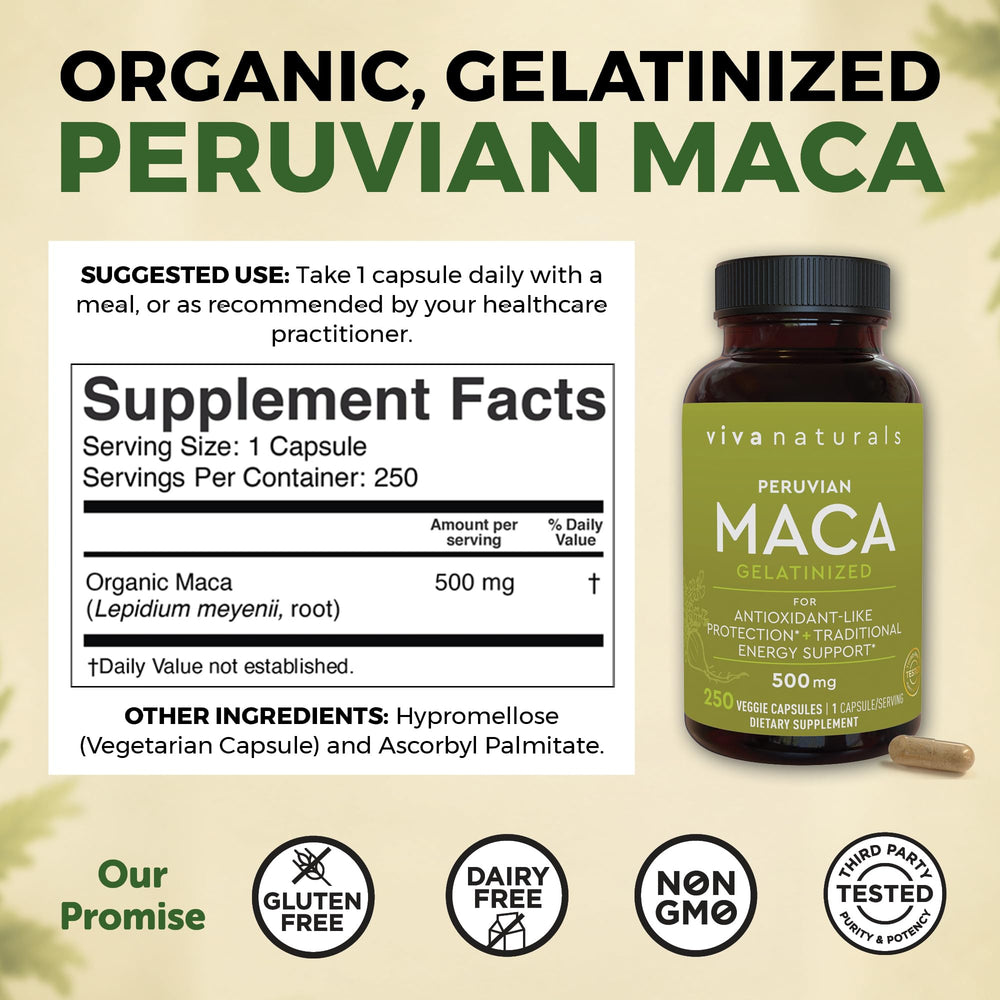 Viva Naturals Organic Maca Root Capsules, Gelatinized, 250 Count