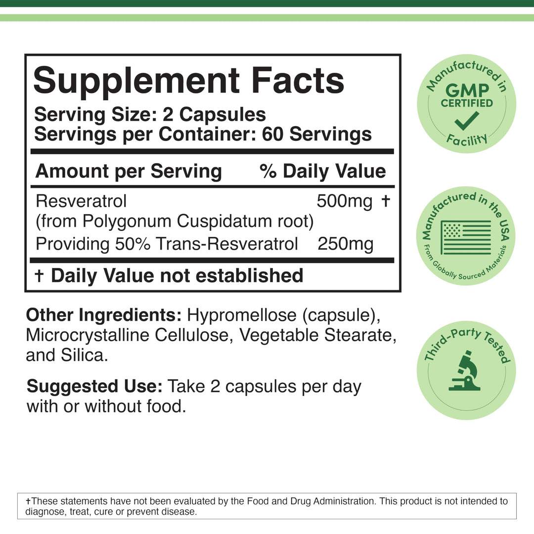 Double Wood Supplements Resveratrol, 500 mg, 120 Count