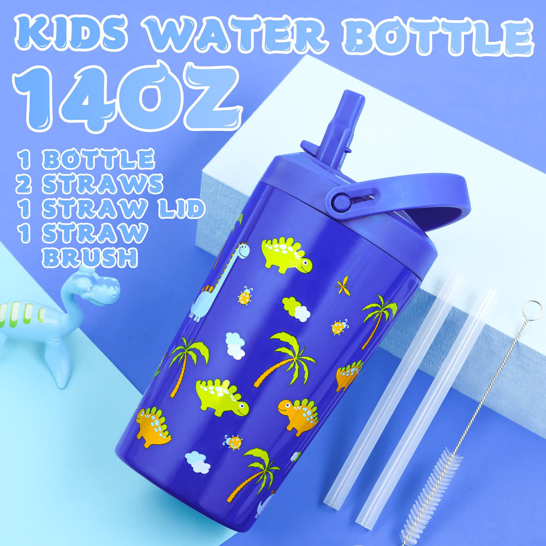 Opreine Kids Water Bottle With Straw Lid, Blue Dinosaur, 14 oz