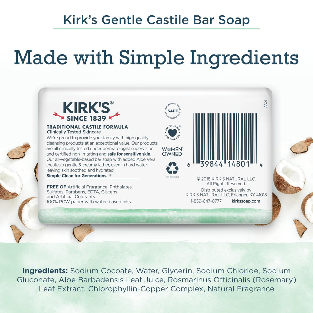 Kirk's Gentle Castile Soap, Soothing Aloe Vera, 4 oz, Pack of 3