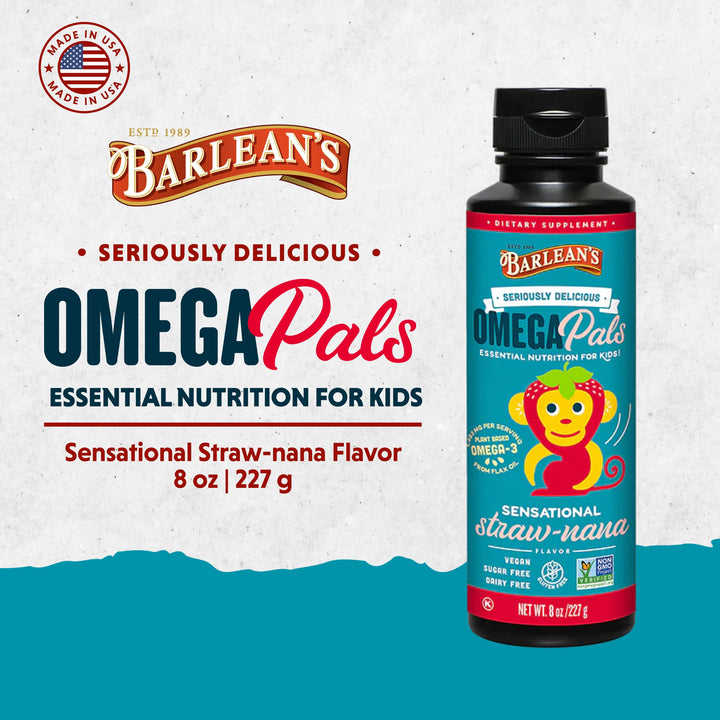 Barlean's Omega Pals Kids Vegan Omega-3 Liquid, Straw-Nana, 8 fl oz