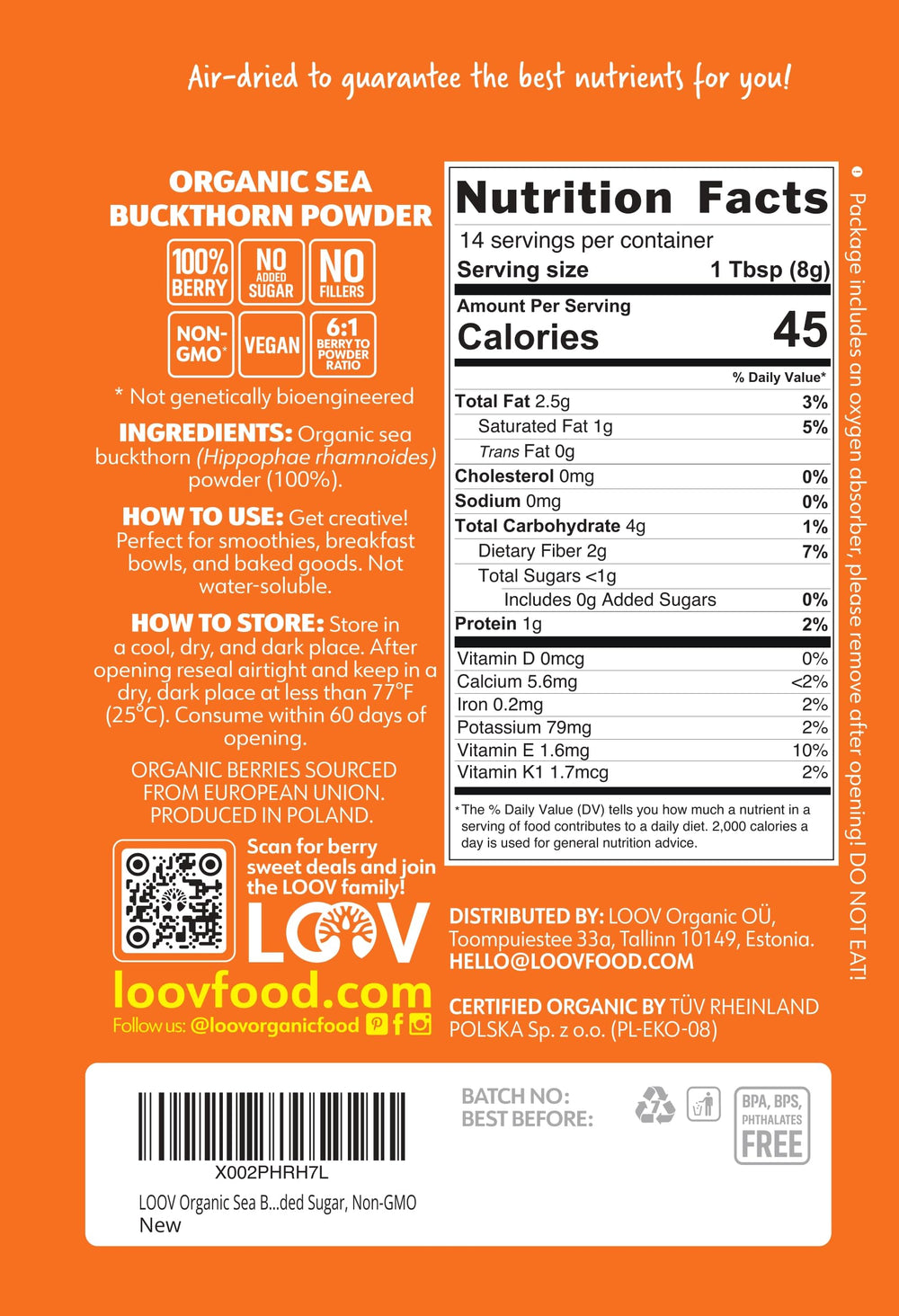 LOOV Organic Sea Buckthorn Berry Powder, 4 oz