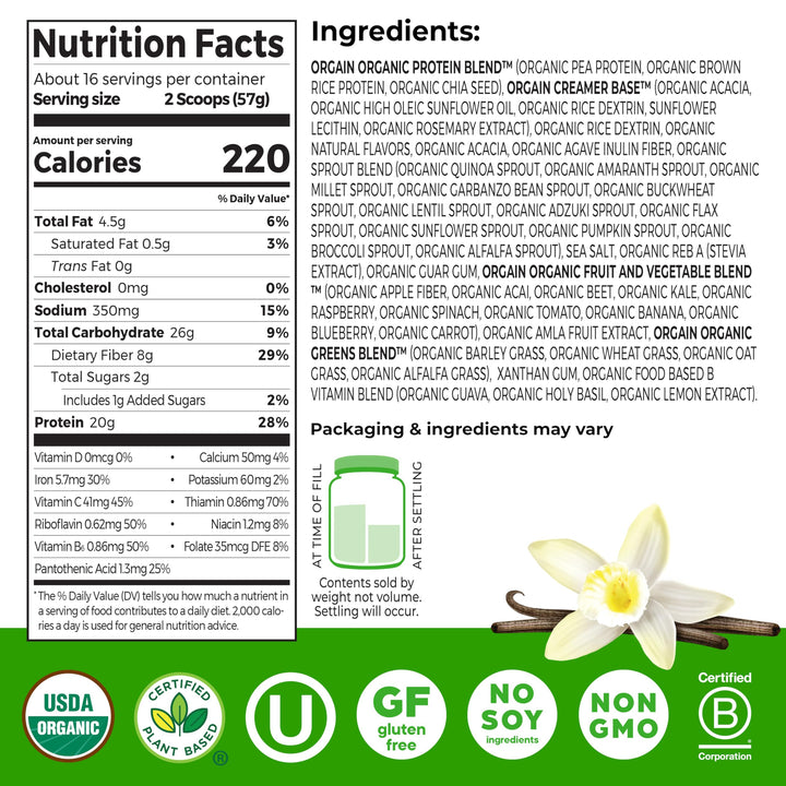 Orgain Organic Meal Protein Powder, Vanilla Bean, 2.01 lb
