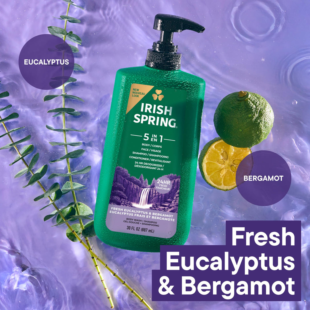 Irish Spring 5 in 1 Body Wash, Fresh Eucalyptus & Bergamot, 887 ml