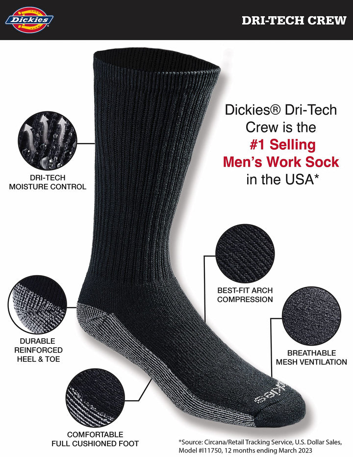 Dickies Dri-Tech Moisture Control Crew Socks, Black, 6 Count