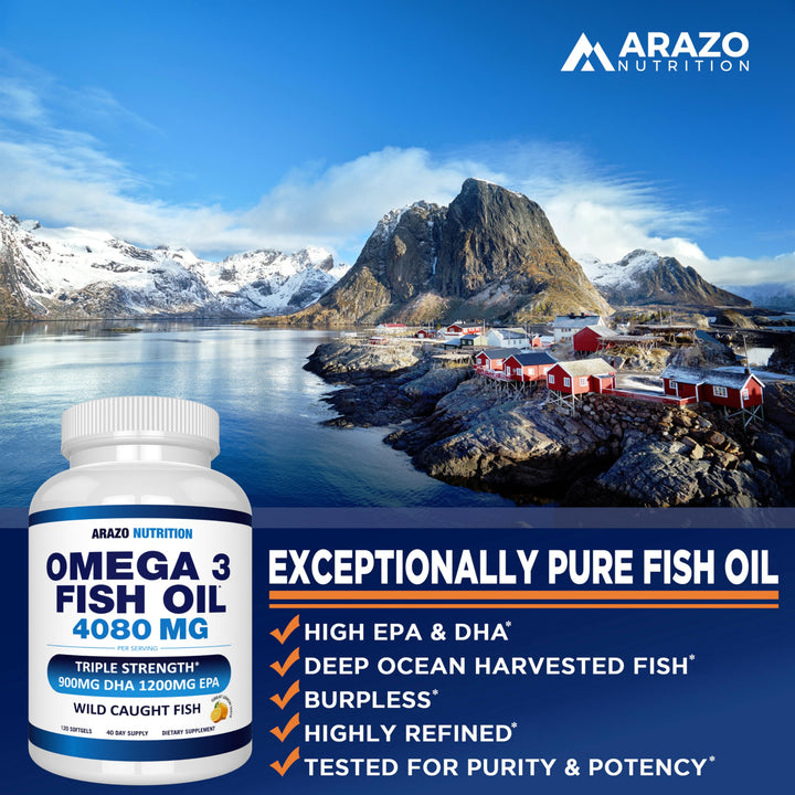 Arazo Nutrition Omega-3 Fish Oil Softgels, Lemon, 120 Count