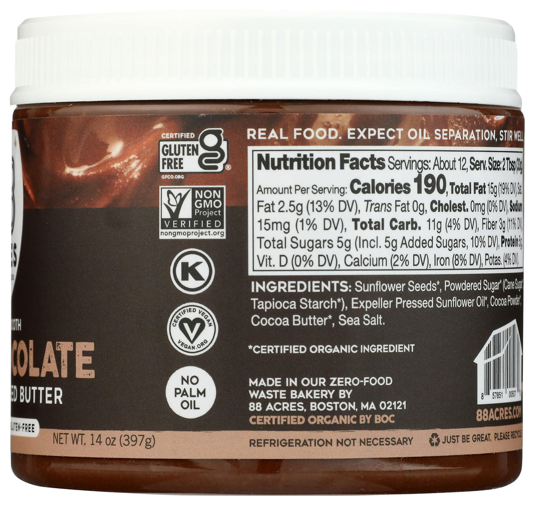 88 Acres Sunflower Seed Butter, Chocolate, 14 oz