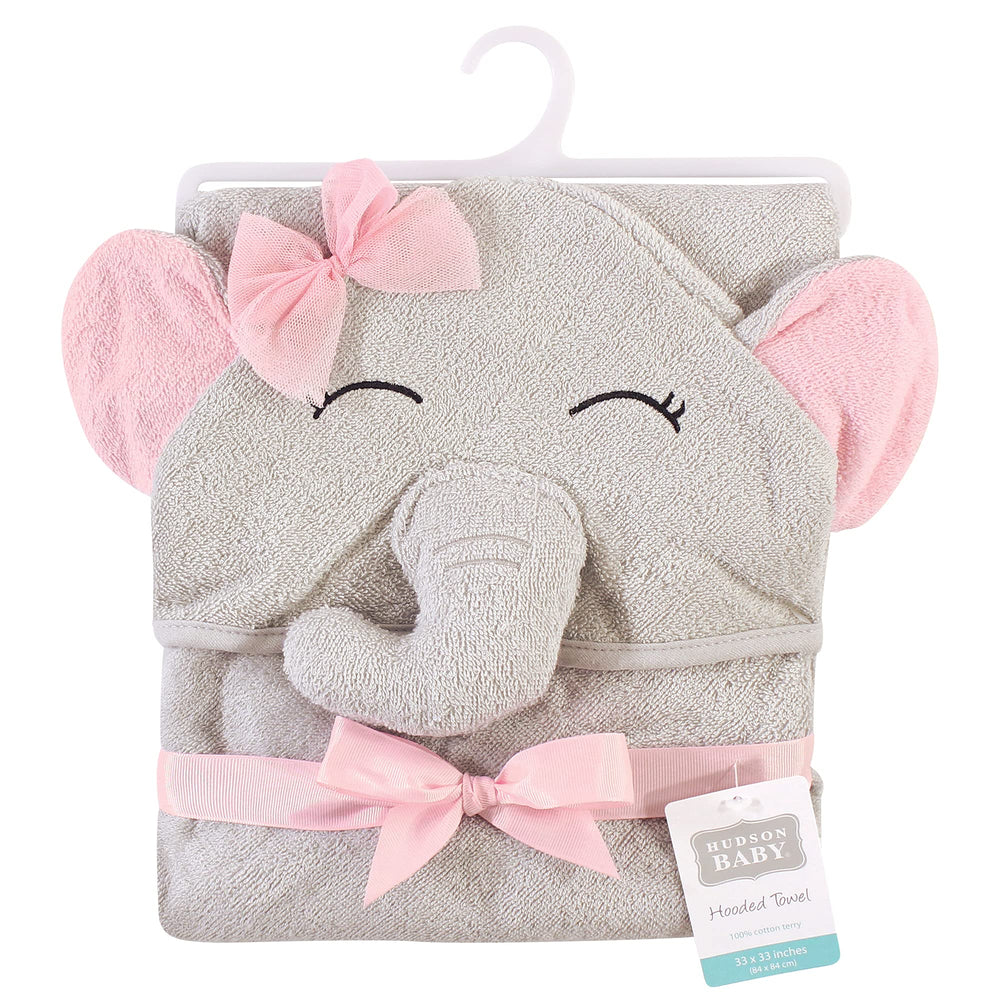 Hudson Baby Cotton Animal Face Hooded Towel, Pretty Elephant, One Size