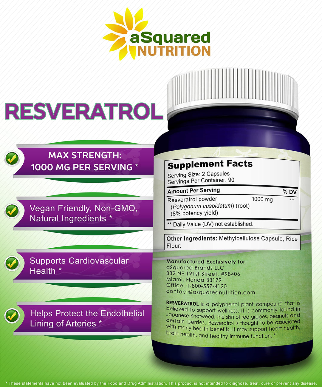 aSquared Nutrition Resveratrol Supplement, 1000 mg, 180 Count