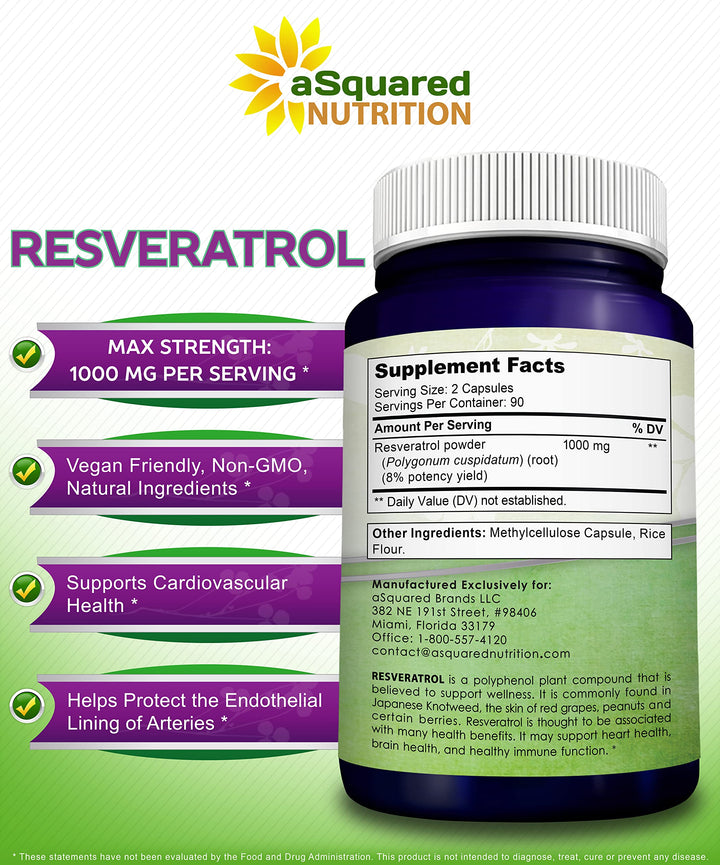 aSquared Nutrition Resveratrol Supplement, 1000 mg, 180 Count