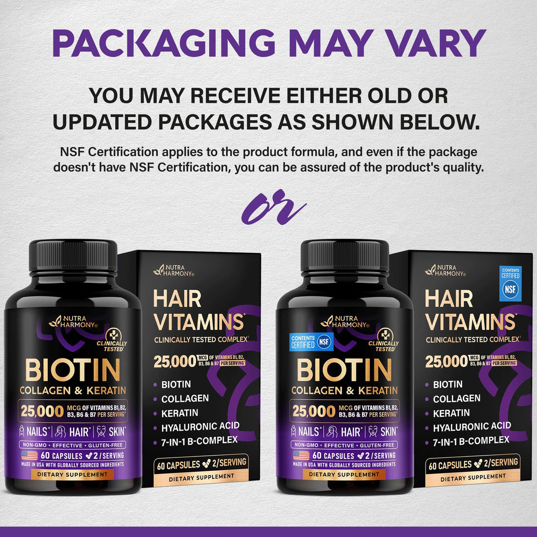 NUTRAHARMONY Biotin Collagen Keratin Hyaluronic Acid Supplement, 25000 mcg, 60 Count