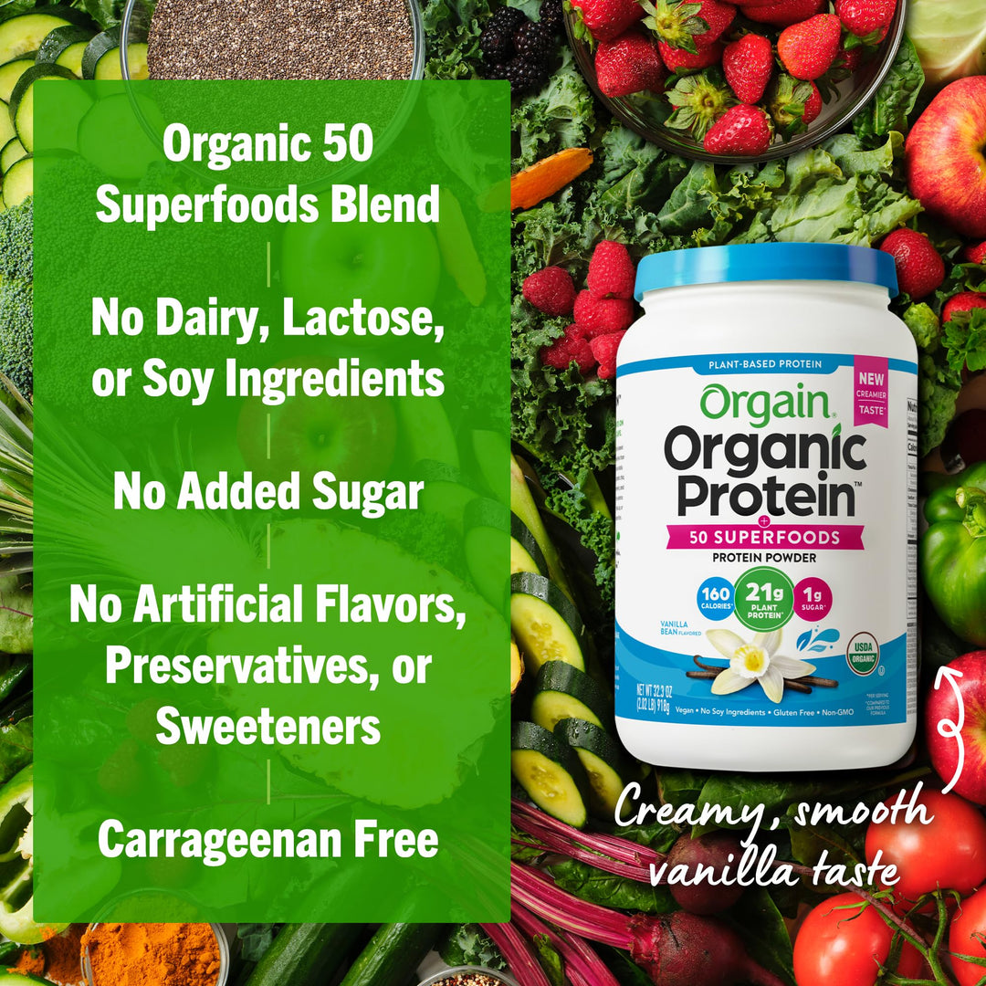 Orgain Organic Vegan Protein and Superfoods Powder, Vanilla Bean, 2.02 lb