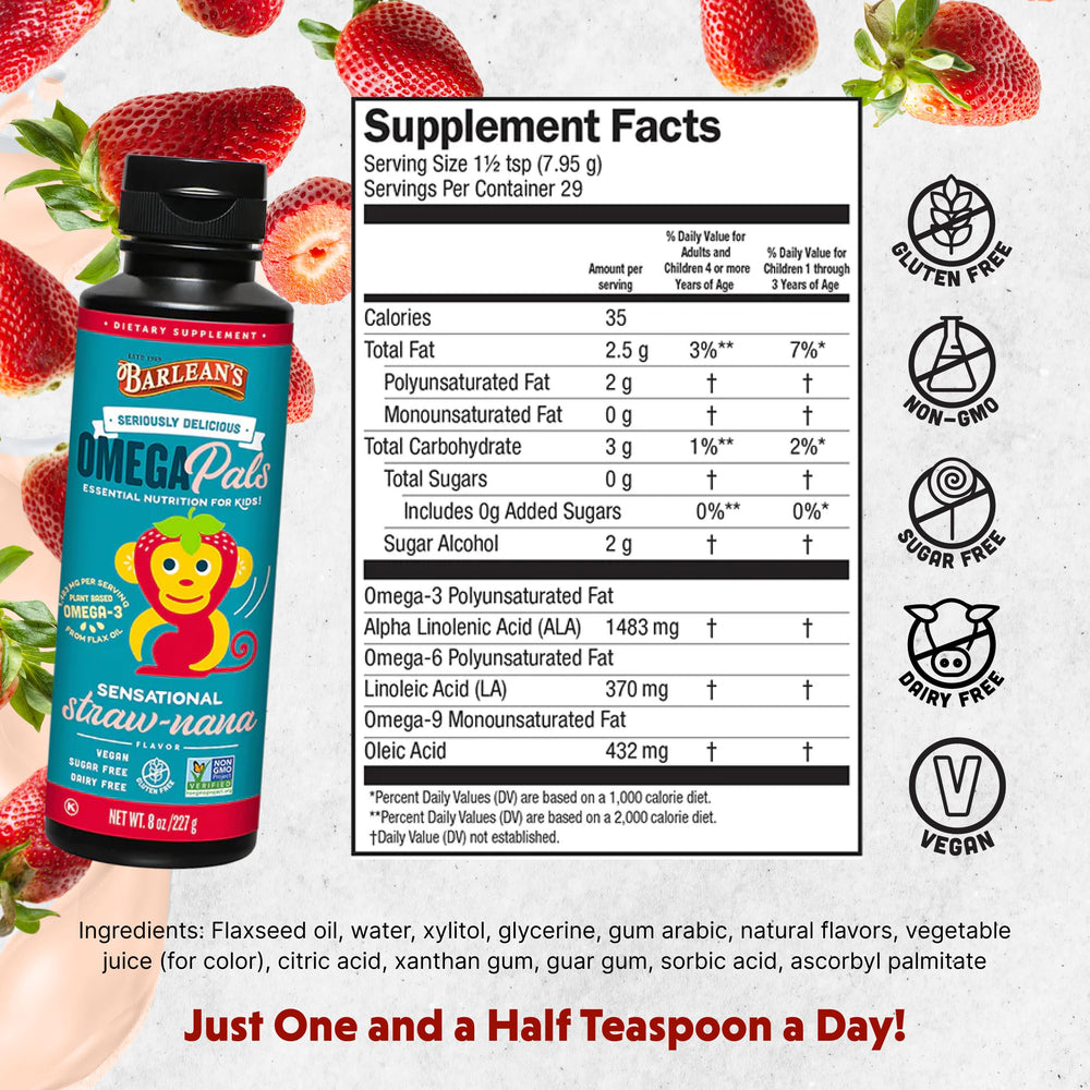 Barlean's Omega Pals Kids Vegan Omega-3 Liquid, Straw-Nana, 8 fl oz