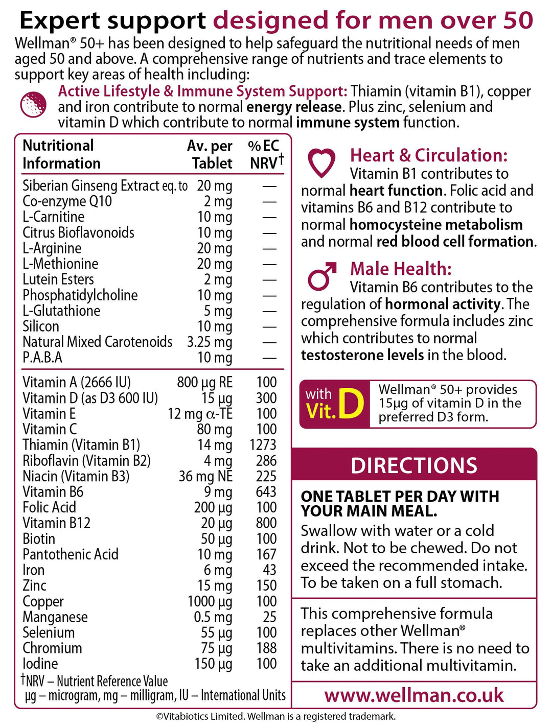 Wellman Tablets 50+ Multivitamin for Men, 30 Count