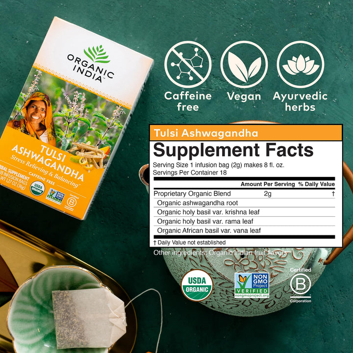 Organic India Tulsi Tea Ashwagandha, Caffeine-Free, 18 Count, 1.27 oz