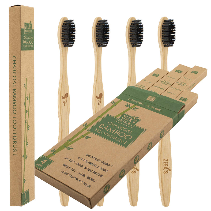 Zeek's Naturals LLC Bamboo Charcoal Toothbrushes, 4 Count
