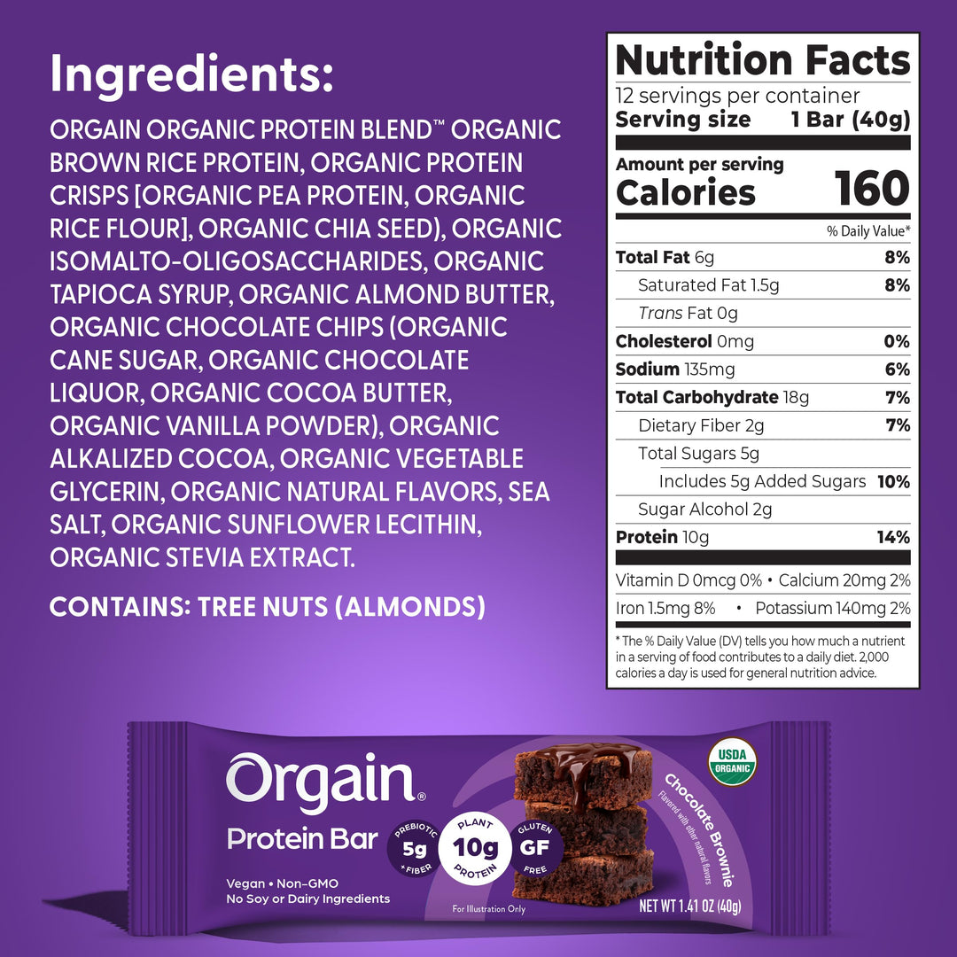 Orgain Organic Vegan Protein Bar, Chocolate Brownie, 12 Count