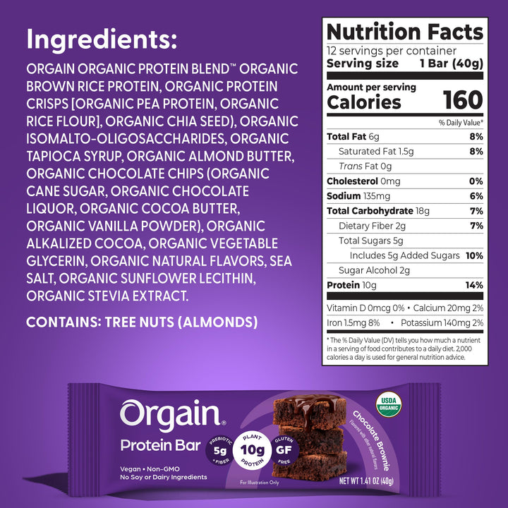 Orgain Organic Vegan Protein Bar, Chocolate Brownie, 12 Count