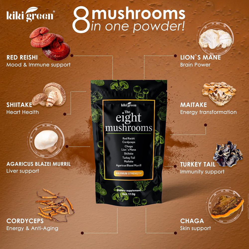 KIKI Green Mushroom Powder Extract Blend, 8 Mushrooms