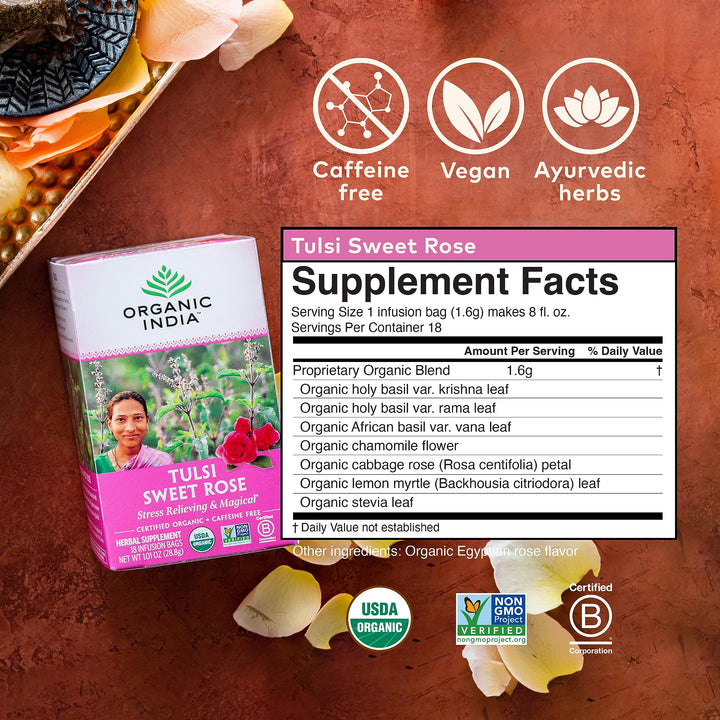 Organic India Tulsi Sweet Rose Herbal Tea, 18 Count