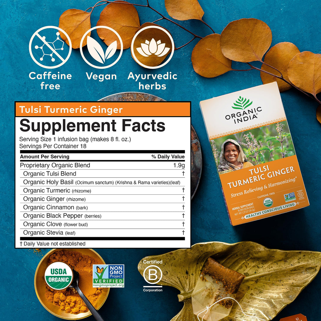 ORGANIC INDIA Tulsi Ginger Turmeric Tea, 18 Count