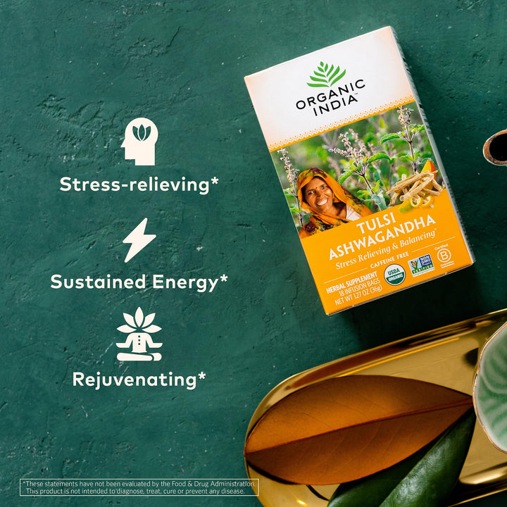 Organic India Tulsi Tea Ashwagandha, Caffeine-Free, 18 Count, 1.27 oz